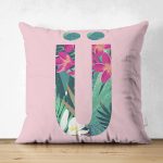 - Suet-K9437-Gorsel1 - Realhomes Pembe Zemin Tropik Yapraklı Ü Harfi Özel Tasarım Modern Suet Yastık Kırlent Kılıfı Realhomes