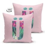 - Suet-K9437-Gorsel2 - Realhomes Pembe Zemin Tropik Yapraklı Ü Harfi Özel Tasarım Modern Suet Yastık Kırlent Kılıfı Realhomes