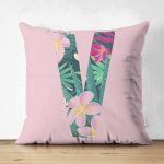 Pembe Zemin Tropik Yapraklı V Harfi Özel Tasarım Modern Suet Yastık Kırlent Kılıfı Realhomes