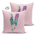 Pembe Zemin Tropik Yapraklı V Harfi Özel Tasarım Modern Suet Yastık Kırlent Kılıfı Realhomes