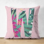 Pembe Zemin Tropik Yapraklı W Harfi Özel Tasarım Modern Suet Yastık Kırlent Kılıfı Realhomes