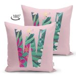 Pembe Zemin Tropik Yapraklı W Harfi Özel Tasarım Modern Suet Yastık Kırlent Kılıfı Realhomes