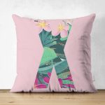 Pembe Zemin Tropik Yapraklı X Harfi Özel Tasarım Modern Suet Yastık Kırlent Kılıfı Realhomes