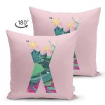 Pembe Zemin Tropik Yapraklı X Harfi Özel Tasarım Modern Suet Yastık Kırlent Kılıfı Realhomes
