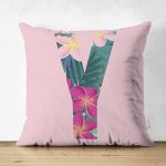 Pembe Zemin Tropik Yapraklı Y Harfi Özel Tasarım Modern Suet Yastık Kırlent Kılıfı Realhomes