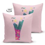 Pembe Zemin Tropik Yapraklı Y Harfi Özel Tasarım Modern Suet Yastık Kırlent Kılıfı Realhomes