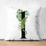 Beyaz Zemin Yaprak Motifli Siyah 1 Rakamı Özel Tasarım Modern Suet Yastık Kırlent Kılıfı Realhomes