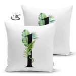 Beyaz Zemin Yaprak Motifli Siyah 1 Rakamı Özel Tasarım Modern Suet Yastık Kırlent Kılıfı Realhomes