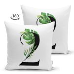 Beyaz Zemin Yaprak Motifli Siyah 2 Rakamı Özel Tasarım Modern Suet Yastık Kırlent Kılıfı Realhomes