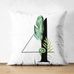 - Suet-K9448-Gorsel1 - Realhomes Beyaz Zemin Yaprak Motifli Siyah 4 Rakamı Özel Tasarım Modern Suet Yastık Kırlent Kılıfı Realhomes