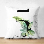 - Suet-K9449-Gorsel1 - Realhomes Beyaz Zemin Yaprak Motifli Siyah 5 Rakamı Özel Tasarım Modern Suet Yastık Kırlent Kılıfı Realhomes