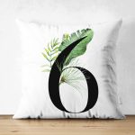 Beyaz Zemin Yaprak Motifli Siyah 6 Rakamı Özel Tasarım Modern Suet Yastık Kırlent Kılıfı Realhomes