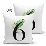 Beyaz Zemin Yaprak Motifli Siyah 6 Rakamı Özel Tasarım Modern Suet Yastık Kırlent Kılıfı Realhomes