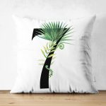 Beyaz Zemin Yaprak Motifli Siyah 7 Rakamı Özel Tasarım Modern Suet Yastık Kırlent Kılıfı Realhomes