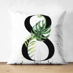 Beyaz Zemin Yaprak Motifli Siyah 8 Rakamı Özel Tasarım Modern Suet Yastık Kırlent Kılıfı Realhomes