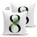 Beyaz Zemin Yaprak Motifli Siyah 8 Rakamı Özel Tasarım Modern Suet Yastık Kırlent Kılıfı Realhomes