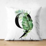 Beyaz Zemin Yaprak Motifli Siyah 9 Rakamı Özel Tasarım Modern Suet Yastık Kırlent Kılıfı Realhomes