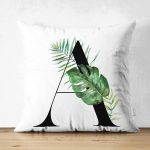 - Suet-K9454-Gorsel1 - Realhomes Beyaz Zemin Yaprak Motifli Siyah A Harfi Özel Tasarım Modern Suet Yastık Kırlent Kılıfı Realhomes