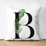 Beyaz Zemin Yaprak Motifli Siyah B Harfi Özel Tasarım Modern Suet Yastık Kırlent Kılıfı Realhomes