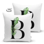 Beyaz Zemin Yaprak Motifli Siyah B Harfi Özel Tasarım Modern Suet Yastık Kırlent Kılıfı Realhomes