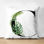 - Suet-K9456-Gorsel1 - Realhomes Beyaz Zemin Yaprak Motifli Siyah C Harfi Özel Tasarım Modern Suet Yastık Kırlent Kılıfı Realhomes