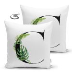 - Suet-K9456-Gorsel2 - Realhomes Beyaz Zemin Yaprak Motifli Siyah C Harfi Özel Tasarım Modern Suet Yastık Kırlent Kılıfı Realhomes