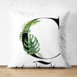 - Suet-K9457-Gorsel1 - Realhomes Beyaz Zemin Yaprak Motifli Siyah Ç Harfi Özel Tasarım Modern Suet Yastık Kırlent Kılıfı Realhomes