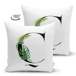 - Suet-K9457-Gorsel2 - Realhomes Beyaz Zemin Yaprak Motifli Siyah Ç Harfi Özel Tasarım Modern Suet Yastık Kırlent Kılıfı Realhomes