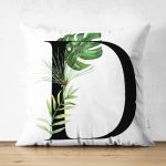 - Suet-K9458-Gorsel1 - Realhomes Beyaz Zemin Yaprak Motifli Siyah D Harfi Özel Tasarım Modern Suet Yastık Kırlent Kılıfı Realhomes