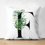 Beyaz Zemin Yaprak Motifli Siyah F Harfi Özel Tasarım Modern Suet Yastık Kırlent Kılıfı Realhomes