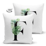 Beyaz Zemin Yaprak Motifli Siyah F Harfi Özel Tasarım Modern Suet Yastık Kırlent Kılıfı Realhomes