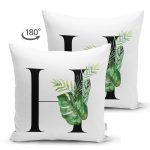 - Suet-K9462-Gorsel2 - Realhomes Beyaz Zemin Yaprak Motifli Siyah H Harfi Özel Tasarım Modern Suet Yastık Kırlent Kılıfı Realhomes