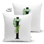 Beyaz Zemin Yaprak Motifli Siyah İ Harfi Özel Tasarım Modern Suet Yastık Kırlent Kılıfı Realhomes