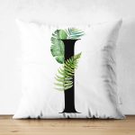 Beyaz Zemin Yaprak Motifli Siyah I Harfi Özel Tasarım Modern Suet Yastık Kırlent Kılıfı Realhomes