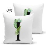 Beyaz Zemin Yaprak Motifli Siyah I Harfi Özel Tasarım Modern Suet Yastık Kırlent Kılıfı Realhomes