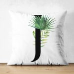 Beyaz Zemin Yaprak Motifli Siyah J Harfi Özel Tasarım Modern Suet Yastık Kırlent Kılıfı Realhomes