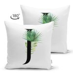 Beyaz Zemin Yaprak Motifli Siyah J Harfi Özel Tasarım Modern Suet Yastık Kırlent Kılıfı Realhomes