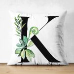 Beyaz Zemin Yaprak Motifli Siyah K Harfi Özel Tasarım Modern Suet Yastık Kırlent Kılıfı Realhomes