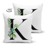 Beyaz Zemin Yaprak Motifli Siyah K Harfi Özel Tasarım Modern Suet Yastık Kırlent Kılıfı Realhomes