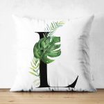 Beyaz Zemin Yaprak Motifli Siyah L Harfi Özel Tasarım Modern Suet Yastık Kırlent Kılıfı Realhomes