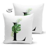 Beyaz Zemin Yaprak Motifli Siyah L Harfi Özel Tasarım Modern Suet Yastık Kırlent Kılıfı Realhomes