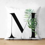 Beyaz Zemin Yaprak Motifli Siyah M Harfi Özel Tasarım Modern Suet Yastık Kırlent Kılıfı Realhomes