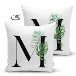 Beyaz Zemin Yaprak Motifli Siyah M Harfi Özel Tasarım Modern Suet Yastık Kırlent Kılıfı Realhomes