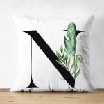 Beyaz Zemin Yaprak Motifli Siyah N Harfi Özel Tasarım Modern Suet Yastık Kırlent Kılıfı Realhomes