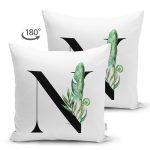 Beyaz Zemin Yaprak Motifli Siyah N Harfi Özel Tasarım Modern Suet Yastık Kırlent Kılıfı Realhomes