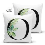 - Suet-K9470-Gorsel2 - Realhomes Beyaz Zemin Yaprak Motifli Siyah O Harfi Özel Tasarım Modern Suet Yastık Kırlent Kılıfı Realhomes