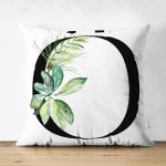 Beyaz Zemin Yaprak Motifli Siyah Ö Harfi Özel Tasarım Modern Suet Yastık Kırlent Kılıfı Realhomes