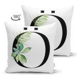 Beyaz Zemin Yaprak Motifli Siyah Ö Harfi Özel Tasarım Modern Suet Yastık Kırlent Kılıfı Realhomes