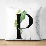 Beyaz Zemin Yaprak Motifli Siyah P Harfi Özel Tasarım Modern Suet Yastık Kırlent Kılıfı Realhomes