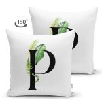 Beyaz Zemin Yaprak Motifli Siyah P Harfi Özel Tasarım Modern Suet Yastık Kırlent Kılıfı Realhomes